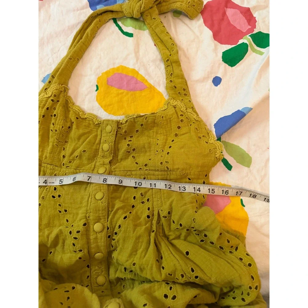Free People Green Eyelet Lace Halter Midi Dress Button Front Boho size small